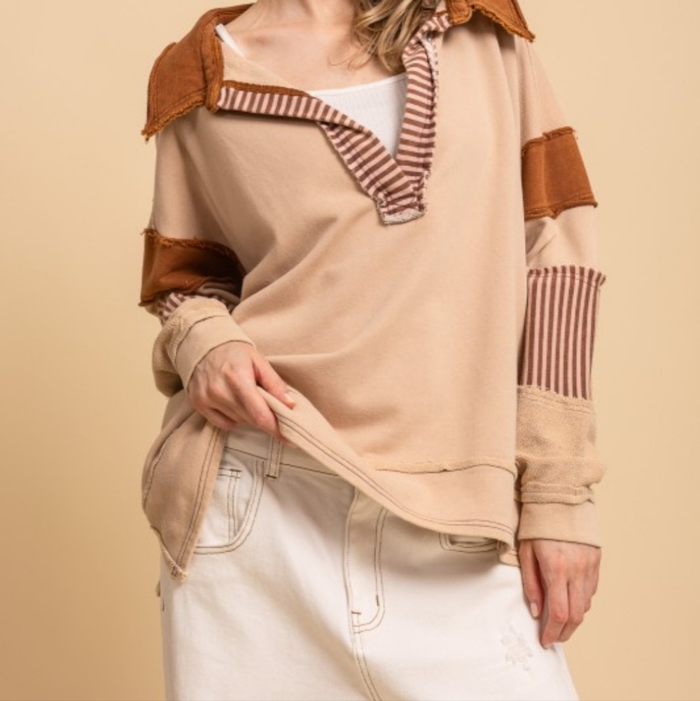 Bv89 Taupe Combo Patchwork V Neck Pullover - image 3